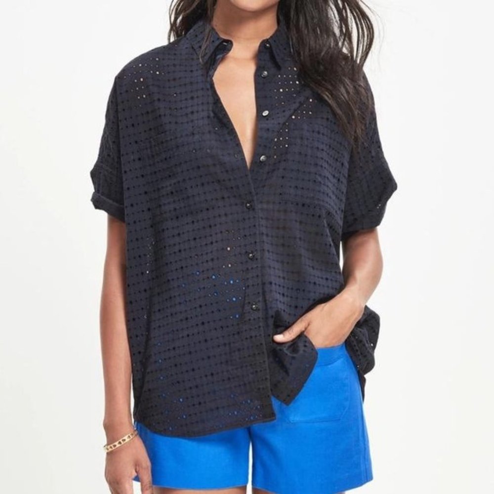 Madewell Navy Eyelet Courier Button Up Top